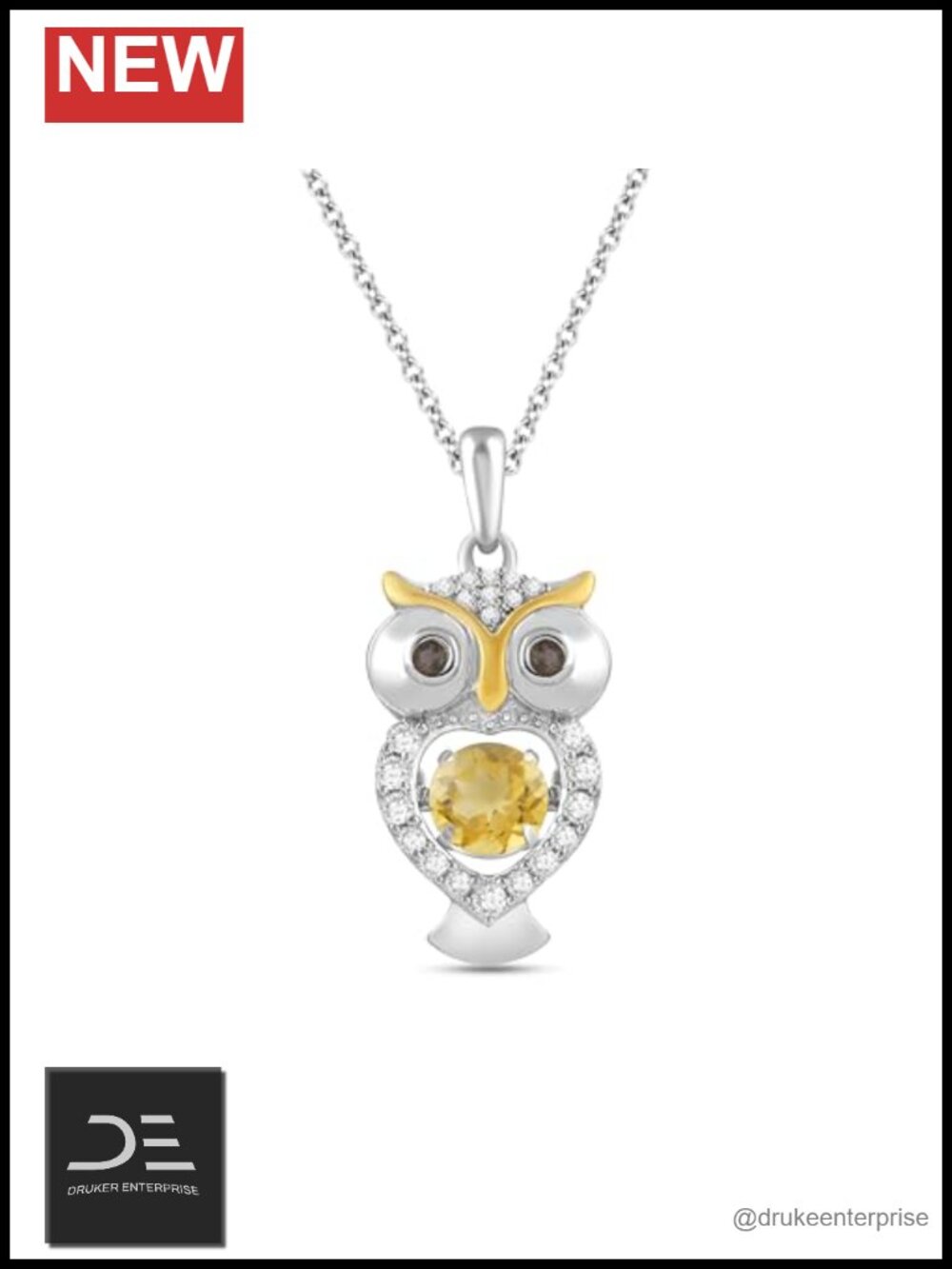 Gold Plated Sterling Silver Owl Pendant Necklace Citrine